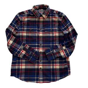 LL Bean Signature Cotton Flannel Shirt Blue, Red Plaid Slim Fit, Size LT